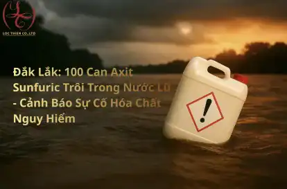 Can nhựa đựng hóa chất nằm trôi trên mặt nước lũ, được đặt bên phải khung hình, phông nền nước chảy và bầu trời xám – dùng làm thumbnail cảnh báo sự cố hóa chất.