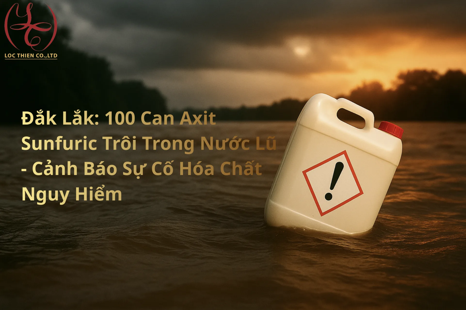 Can nhựa đựng hóa chất nằm trôi trên mặt nước lũ, được đặt bên phải khung hình, phông nền nước chảy và bầu trời xám – dùng làm thumbnail cảnh báo sự cố hóa chất.