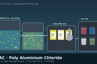 Minh họa PAC (Poly Aluminium Chloride) keo tụ nước thải dệt nhuộm: bể tạo bông, châm bột 31% và jar-test — CAS 1327-41-9